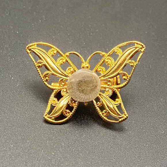 Vtg Petoskey Stone Butterfly Brooch Filigree Gold Tone Pin Box Michigan Fossil - Picture 2 of 10